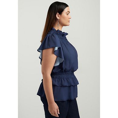 June & Vie Women's Plus Size Mockneck Ruffle Blouse