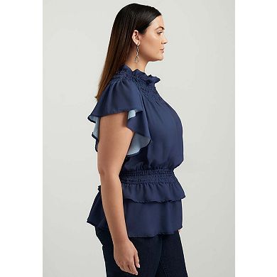 June & Vie Women's Plus Size Mockneck Ruffle Blouse