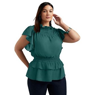 June + Vie Women's Plus Size Mockneck Ruffle Blouse