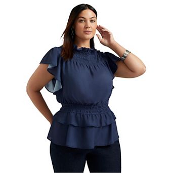 June + Vie Women's Plus Size Mockneck Ruffle Blouse