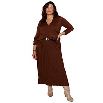 June + Vie Women's Plus Size Pleated Midi Skirt