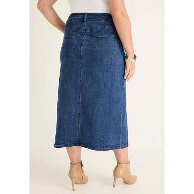 June + Vie Women's Plus Size Front-Slit Denim Midi Skirt