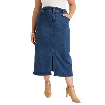 June + Vie Women's Plus Size Front-Slit Denim Midi Skirt
