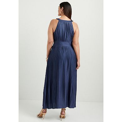 June + Vie Women's Plus Size Pleated Halter Maxi Dress