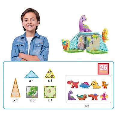PicassoTiles 26 Piece Dinosaur, STEM Toy Magnetic Tile, Building Blocks for Kids Age 3 & Up, PTQ23