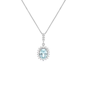 PRIMROSE Sterling Silver Oval Aqua Cubic Zirconia Pendant Necklace on Box Chain
