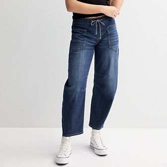Juniors' Project Indigo Elastic Waist Barrel Leg Jeans