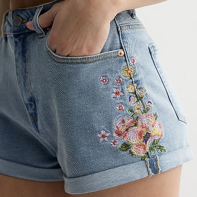 Juniors' Tinseltown Embroidered Cuff Jean Shorts