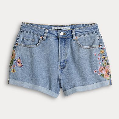 Juniors' Tinseltown Embroidered Cuff Jean Shorts