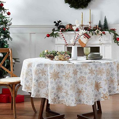 Snowflake Tablecloth With Shimmer – Christmas & Holiday Rectangular Or Round, Cotton, Multiple Sizes