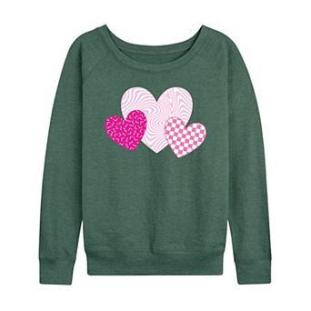 Women's Pink Retro Patterned Hearts French Terry Long Sleeve Tee