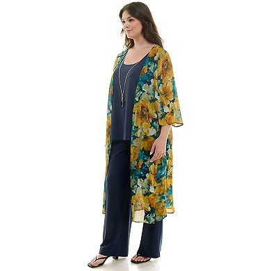 Plus Size Luxology 3-Piece Long Cardigan, Tank Top & Pants Set