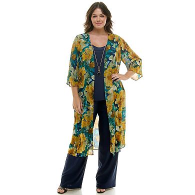 Plus Size Luxology 3-Piece Long Cardigan, Tank Top & Pants Set