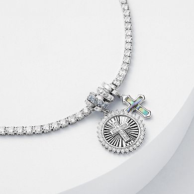 Brilliance Fine Silver Plated Cubic Zirconia & Synthetic Abalone Cross Charms Tennis Bracelet