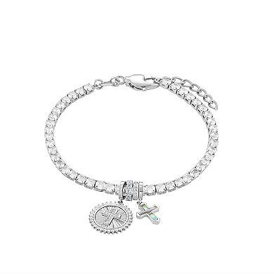 Brilliance Fine Silver Plated Cubic Zirconia & Synthetic Abalone Cross Charms Tennis Bracelet