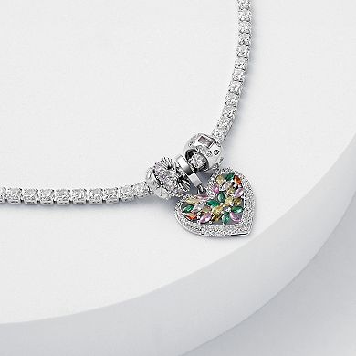 Brilliance Fine Silver Plated Multi Color Cubic Zirconia Heart Charms Tennis Bracelet