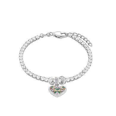 Brilliance Fine Silver Plated Multi Color Cubic Zirconia Heart Charms Tennis Bracelet