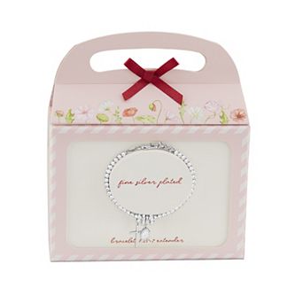 Brilliance Fine Silver Plated Polished Cross Charm & Cubic Zirconia Teardrop Charm Tennis Bracelet