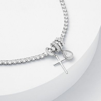 Brilliance Fine Silver Plated Polished Cross Charm & Cubic Zirconia Teardrop Charm Tennis Bracelet