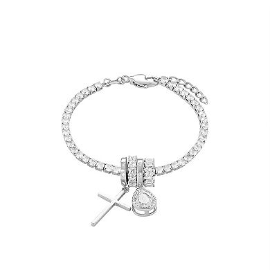 Brilliance Fine Silver Plated Polished Cross Charm & Cubic Zirconia Teardrop Charm Tennis Bracelet