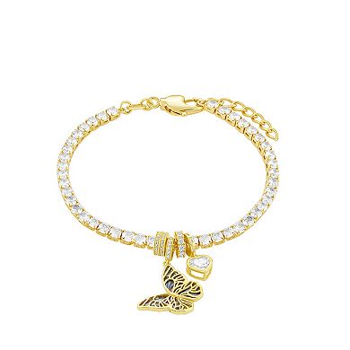 Brilliance 18k Gold Flash Plated Butterfly Charm & Cubic Zirconia Heart Charm Tennis Bracelet