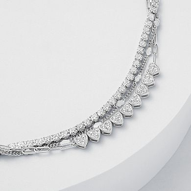 Brilliance Fine Silver Plated Crystal Hearts Chain, Heart Station Chain & Cubic Zirconia Tennis Triple Layer Bracelet