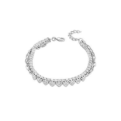 Brilliance Fine Silver Plated Crystal Hearts Chain, Heart Station Chain & Cubic Zirconia Tennis Triple Layer Bracelet