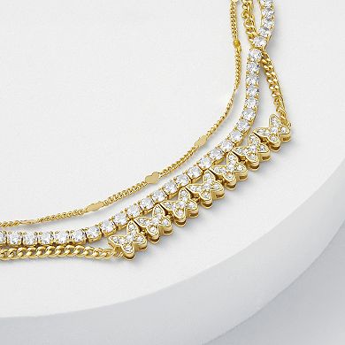 Brilliance 18k Gold Flash Plated Crystal Butterfly Chain, Heart Station Chain & Cubic Zirconia Tennis Triple Layer Bracelet