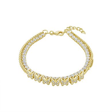 Brilliance 18k Gold Flash Plated Crystal Butterfly Chain, Heart Station Chain & Cubic Zirconia Tennis Triple Layer Bracelet