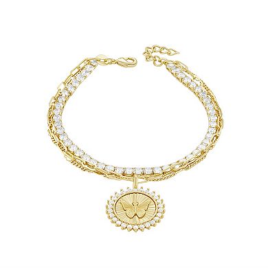 Brilliance 18k Gold Flash Plated Cubic Zirconia Butterfly Coin Charm Triple Layer Bracelet