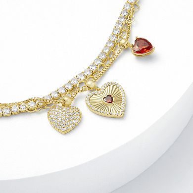 Brilliance 18k Gold Flash Plated Garnet Cubic Zirconia Triple Heart Charms Triple Layer Bracelet