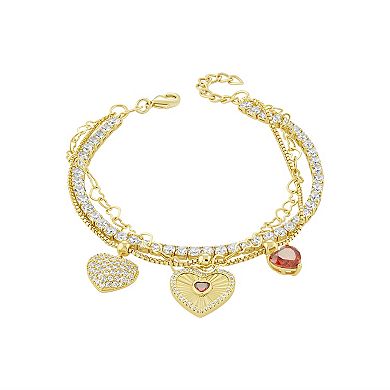 Brilliance 18k Gold Flash Plated Garnet Cubic Zirconia Triple Heart Charms Triple Layer Bracelet