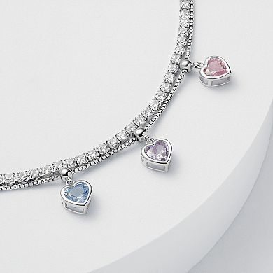 Brilliance Fine Silver Plated Multi Color Cubic Zirconia Heart Charms Double Layer Tennis Bracelet