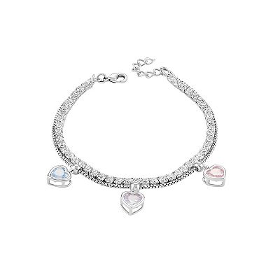 Brilliance Fine Silver Plated Multi Color Cubic Zirconia Heart Charms Double Layer Tennis Bracelet