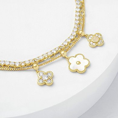 Brilliance 18k Gold Flash Plated Mother of Pearl & Cubic Zirconia Triple Clover Charm Triple Layer Chain Bracelet