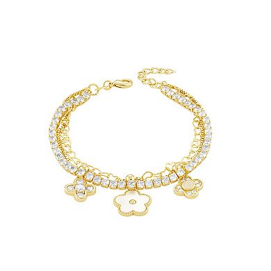 Brilliance 18k Gold Flash Plated Mother of Pearl & Cubic Zirconia Triple Clover Charm Triple Layer Chain Bracelet