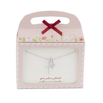 Brilliance Fine Silver Plated Cubic Zirconia Double Cross Charm Box Chain Necklace