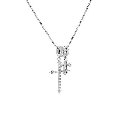 Brilliance Fine Silver Plated Cubic Zirconia Double Cross Charm Box Chain Necklace