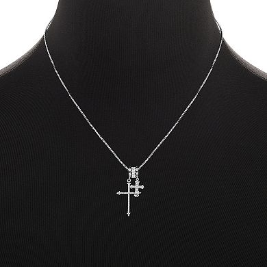 Brilliance Fine Silver Plated Cubic Zirconia Double Cross Charm Box Chain Necklace