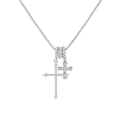 Brilliance Fine Silver Plated Cubic Zirconia Double Cross Charm Box Chain Necklace