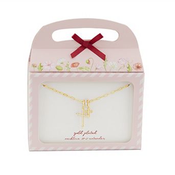 Brilliance 18k Gold Flash Plated Cubic Zirconia Double Cross Charm Paperclip Link Chain Necklace