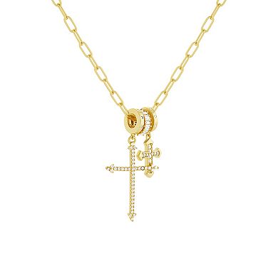 Brilliance 18k Gold Flash Plated Cubic Zirconia Double Cross Charm Paperclip Link Chain Necklace