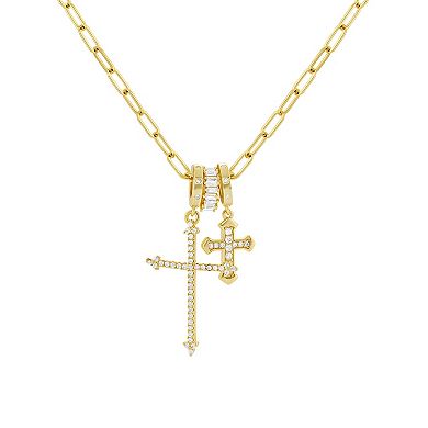 Brilliance 18k Gold Flash Plated Cubic Zirconia Double Cross Charm Paperclip Link Chain Necklace