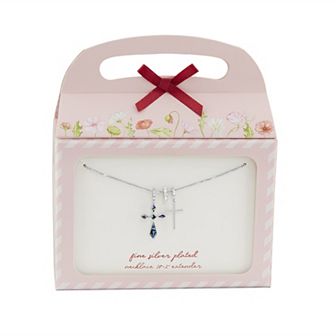 Brilliance Fine Silver Plated Synthetic Abalone & Polished Cubic Zirconia Double Cross Charm Box Chain Necklace