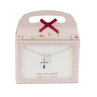 Brilliance Fine Silver Plated Synthetic Abalone & Polished Cubic Zirconia Double Cross Charm Box Chain Necklace