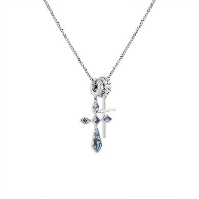 Brilliance Fine Silver Plated Synthetic Abalone & Polished Cubic Zirconia Double Cross Charm Box Chain Necklace