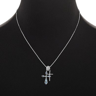 Brilliance Fine Silver Plated Synthetic Abalone & Polished Cubic Zirconia Double Cross Charm Box Chain Necklace