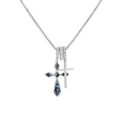 Brilliance Fine Silver Plated Synthetic Abalone & Polished Cubic Zirconia Double Cross Charm Box Chain Necklace