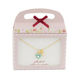 Brilliance 18k Gold Flash Plated Simulated Turquoise & Cubic Zirconia Double Heart Charm & Heart Link Chain Necklace