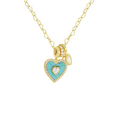 Brilliance 18k Gold Flash Plated Simulated Turquoise & Cubic Zirconia Double Heart Charm & Heart Link Chain Necklace